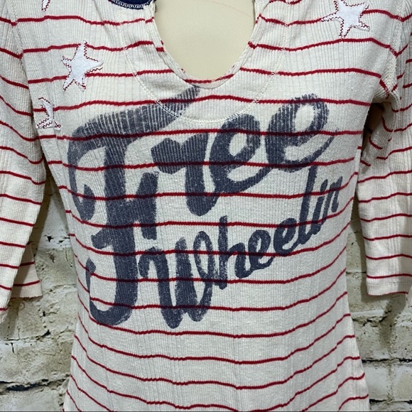 We The Free Cream Red Striped Free Wheeling 3/4 Sleeve Top - Picture 4 of 5